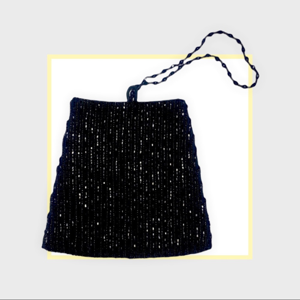 Vintage 80s Black Beaded Evening Bag by Moyna
